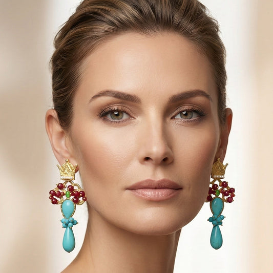 Crowned Ruby & Turquoise Drop Earrings