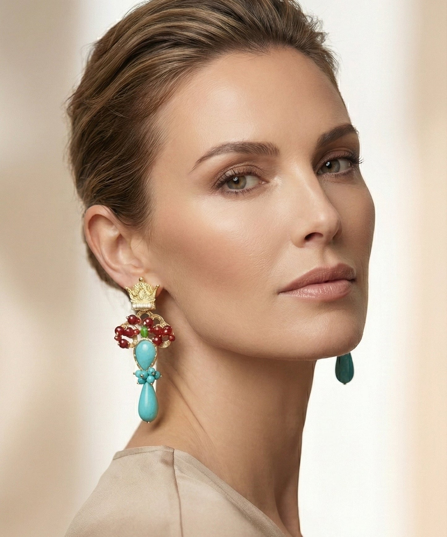 Crowned Ruby & Turquoise Drop Earrings