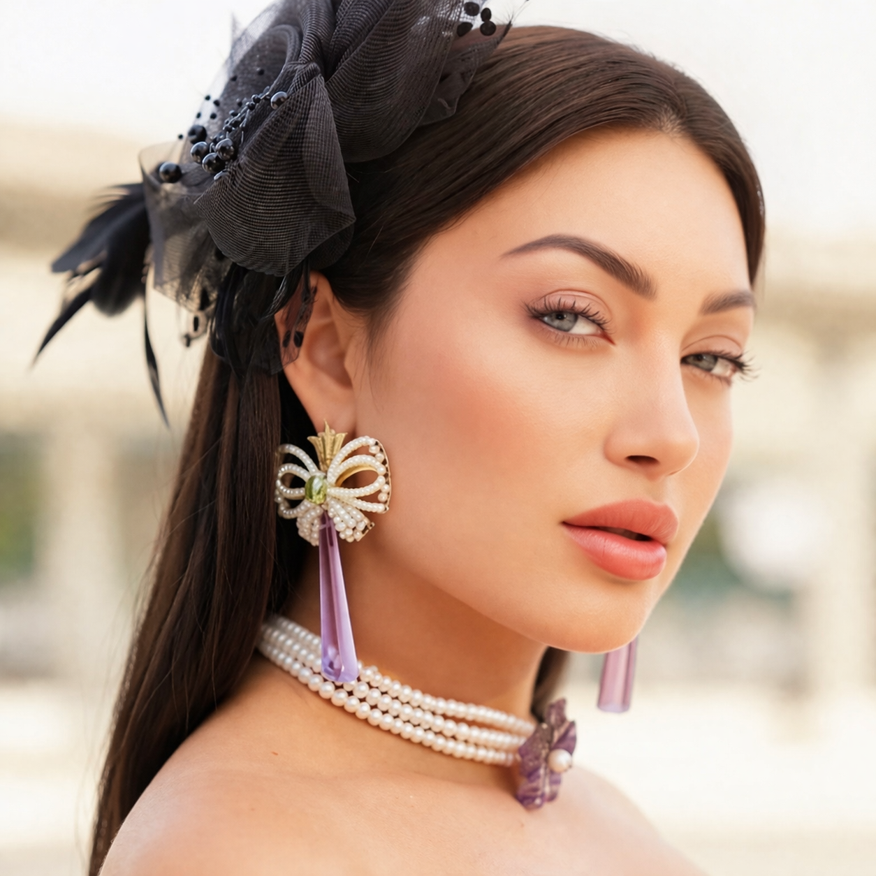 Beautiful handmade earrings and choker . With natural pearls and Amethyststone