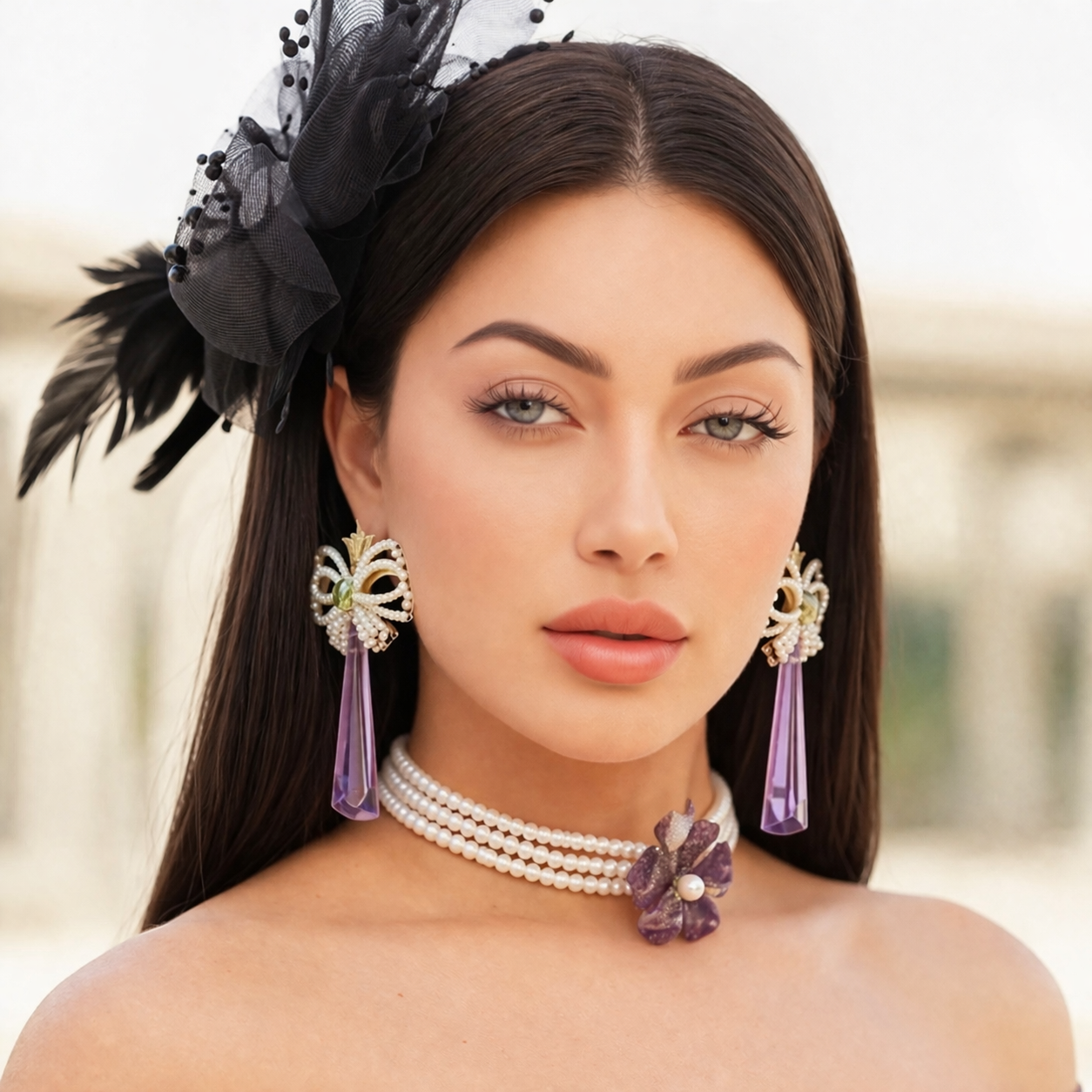Beautiful handmade earrings and choker . With natural pearls and Amethyststone