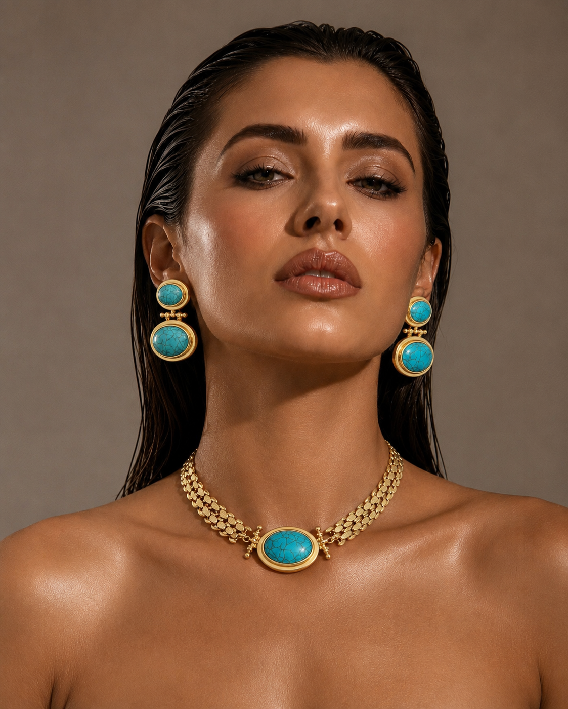 Bohemian Turquoise Choker Necklace & Earrings Set | Gold Tone Statement Jewelry for Women | Handmade Style Gift