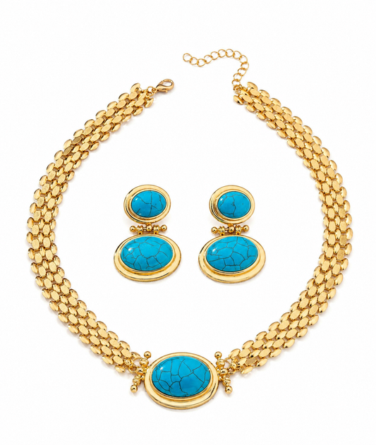 Bohemian Turquoise Choker Necklace & Earrings Set | Gold Tone Statement Jewelry for Women | Handmade Style Gift