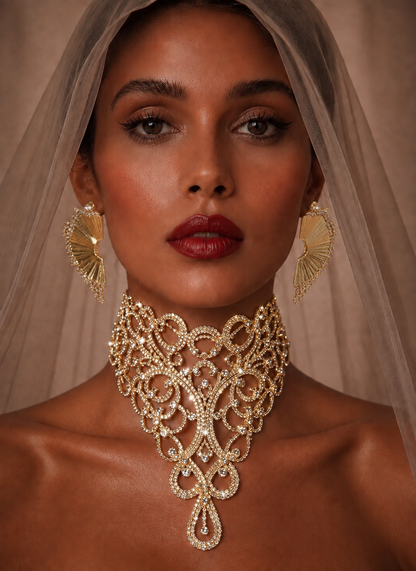 Set of Bohemian Hollow Crystal Statement Necklace for Women – Luxury Rhinestone Choker Necklace, Bridal, Wedding, Party Jewelry, Gold & Silver