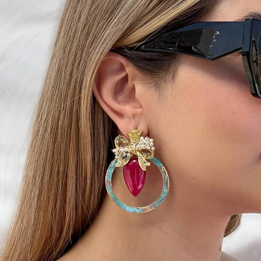 MINA, Persian Elegance Gold Filigree Statement Earrings with a Red Stone