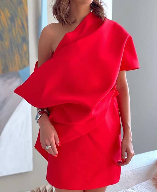 Ravishing Red Asymmetrical Cape Dress