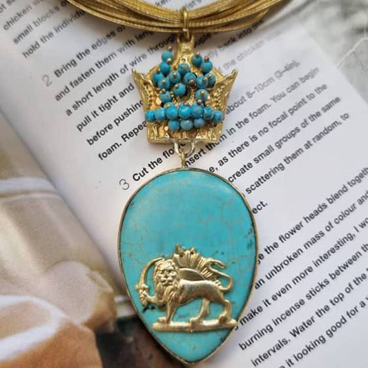 Turquoise and Gold Persian Lion Pendant with Leather Cord