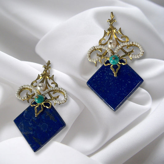 The DEPTH Of The OCEANS, Handmade Gold-Plated Earrings with Pearls and Navy Stone