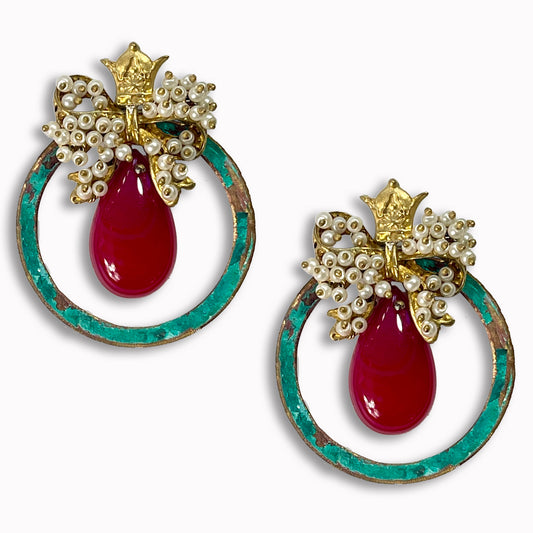 MINA, Persian Elegance Gold Filigree Statement Earrings with a Red Stone