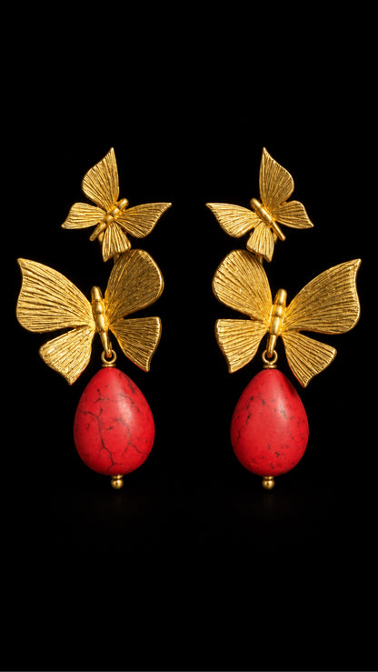 Handmade gold leaf butterfly earrings with red coral stone drops