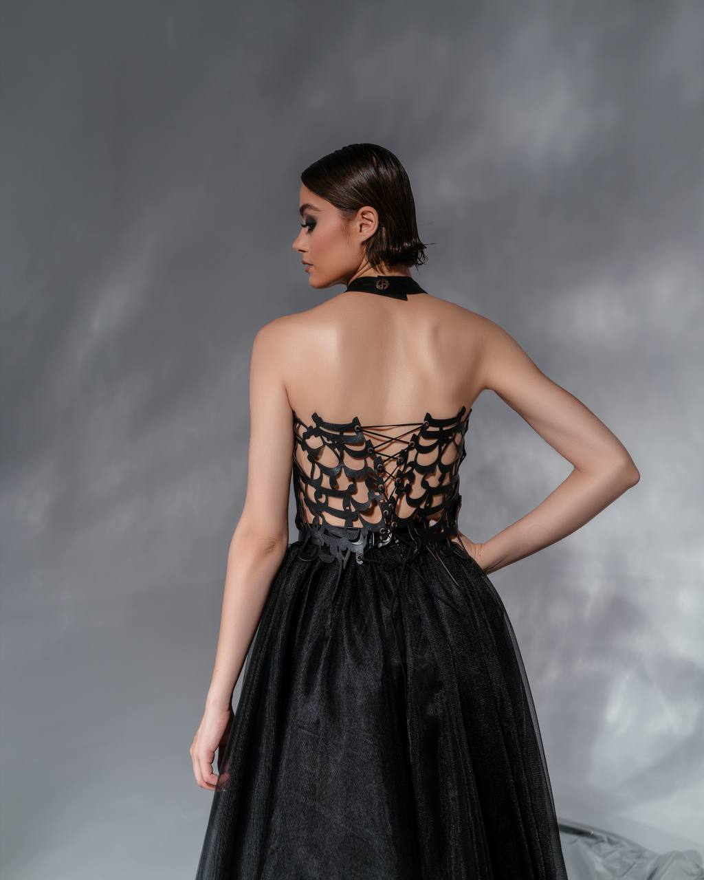 "Midnight Grace" Taffeta and Leather Top by Baharnaz