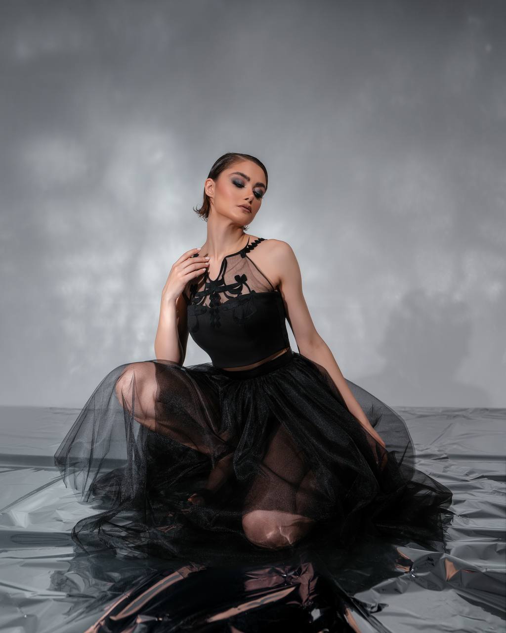 "Midnight Grace" Taffeta and Leather Top by Baharnaz