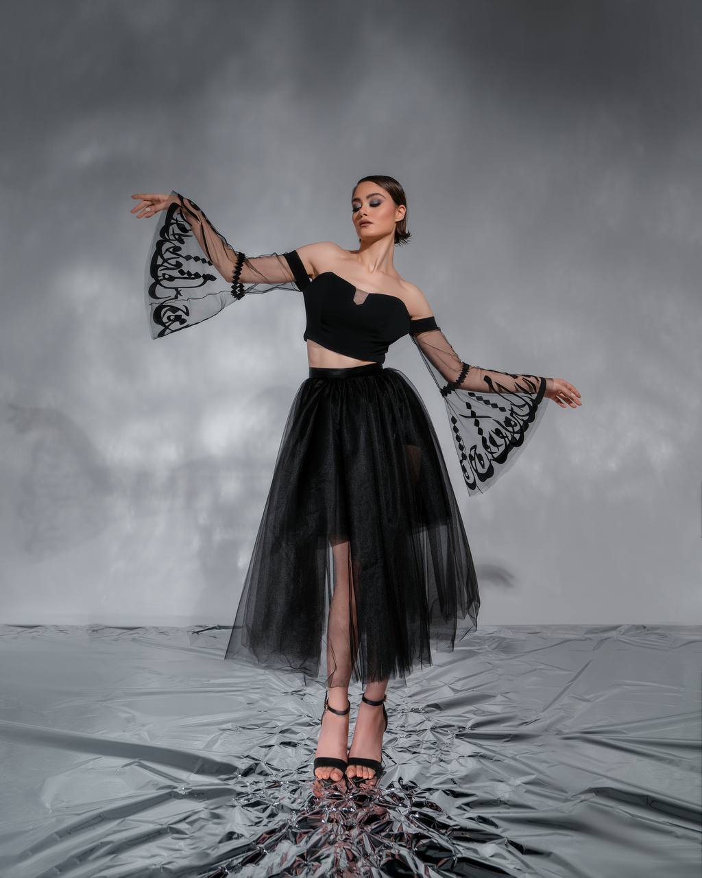 "Ethereal Calligraphy" Scuba and Tulle Ensemble by Baharnaz