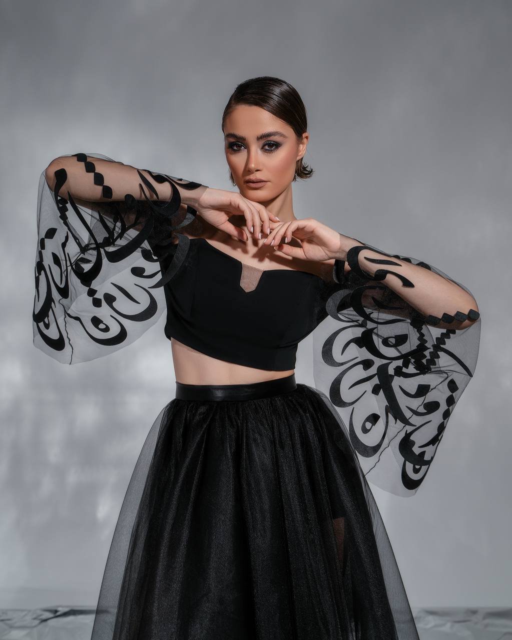 "Ethereal Calligraphy" Scuba and Tulle Ensemble by Baharnaz