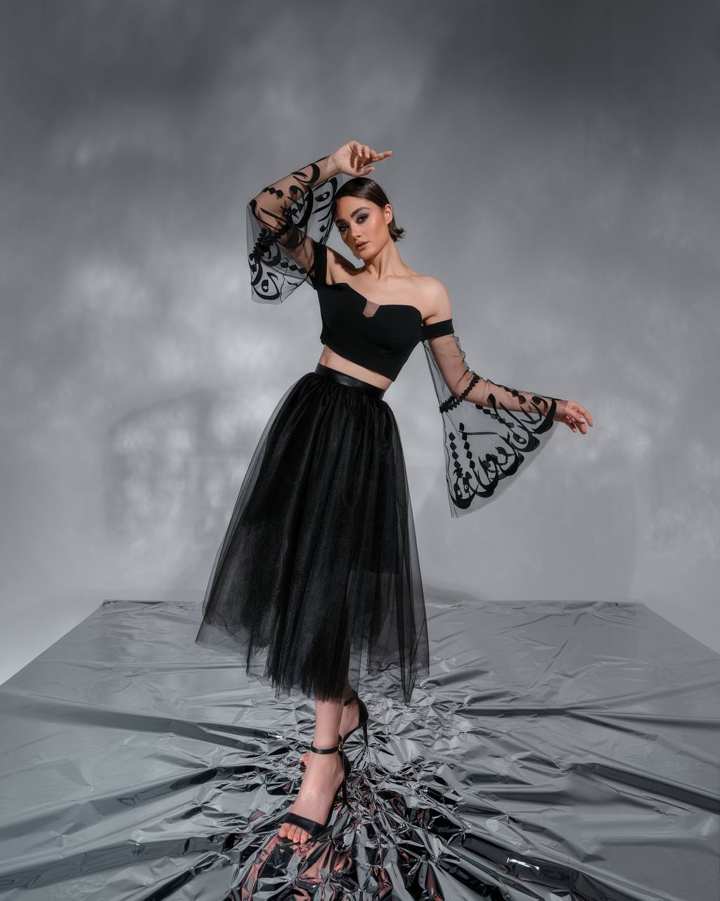 "Ethereal Calligraphy" Scuba and Tulle Ensemble by Baharnaz