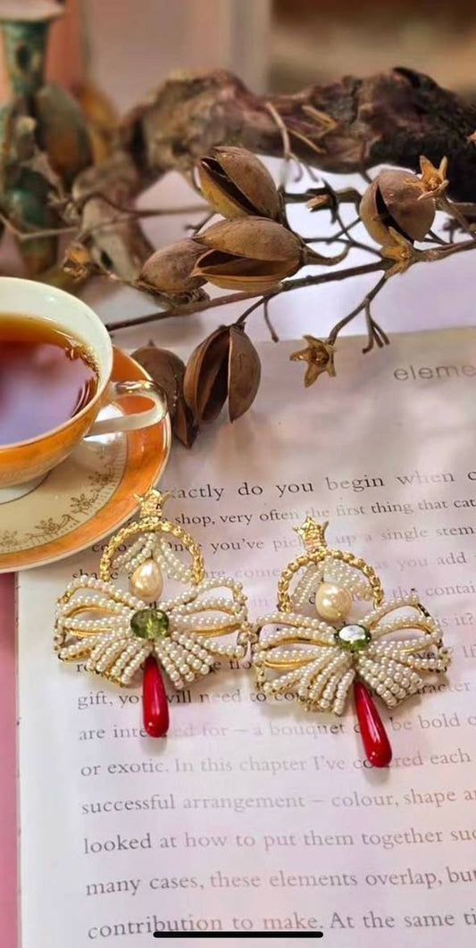 Crowned Bow Elegance Earrings – Coral & Pearl Edition