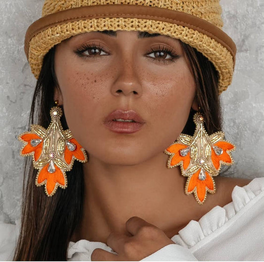 Handcrafted Statement Earrings – Orange & Gold Embellished Dangle Design