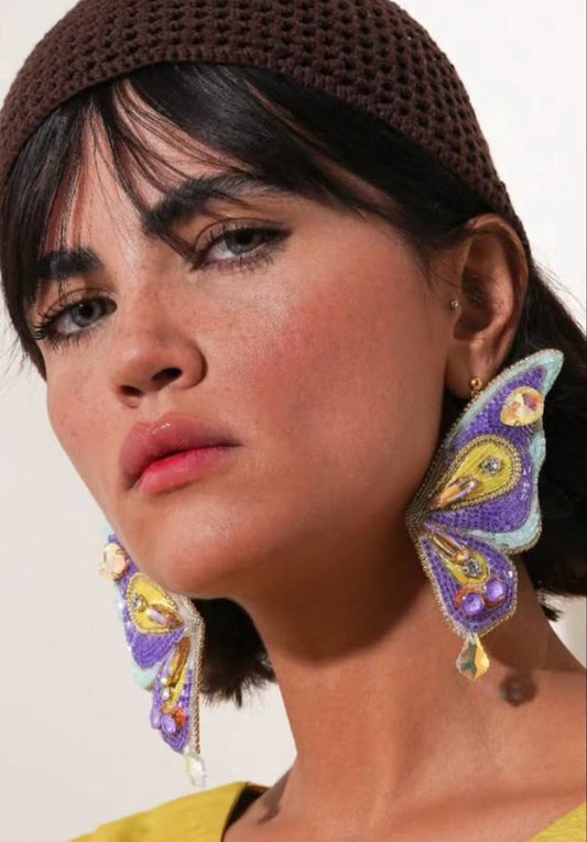Handcrafted Butterfly Statement Earrings – Purple, Yellow & Beaded Shine