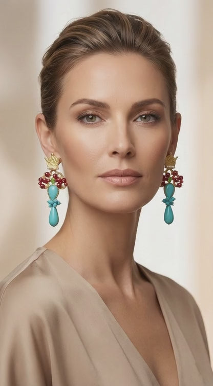 Crowned Ruby & Turquoise Drop Earrings