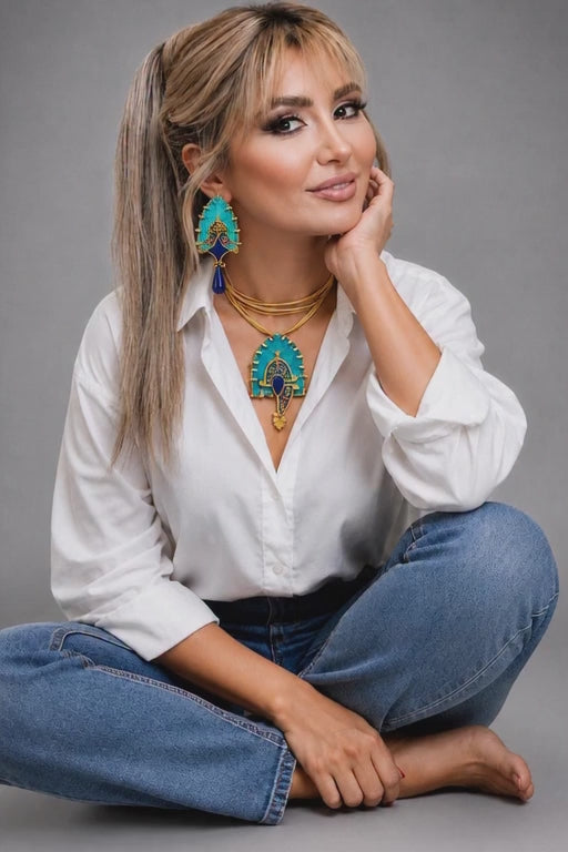 Handmad Turquoise & Lapis Lazuli Handcrafted statement earrings inspired by Achaemenid Lotus motifs.