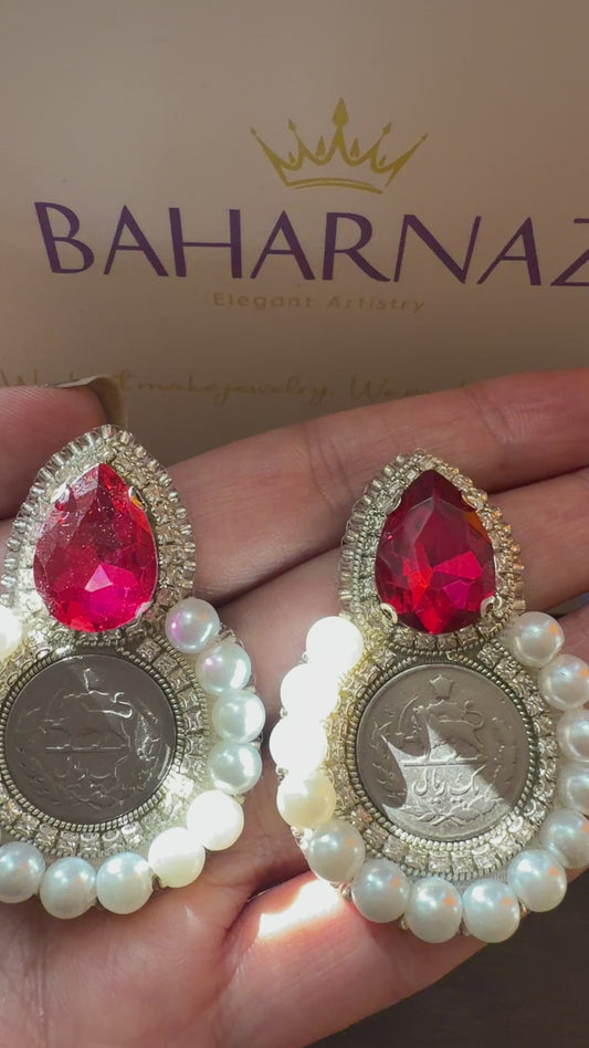 Pahlavi Coin Statement Earrings – Persian 1 Yek Rial Design with Pearls & Red Crystal