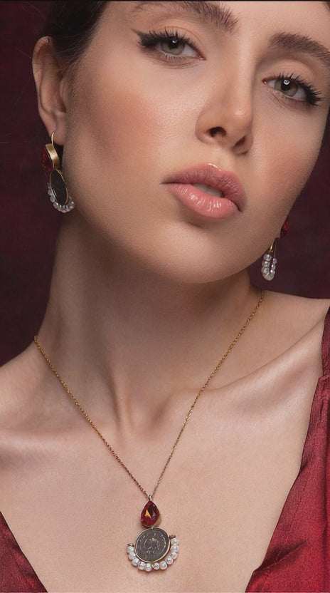 Set of earrings and necklaces Pahlavi coin Handmade silver and brass